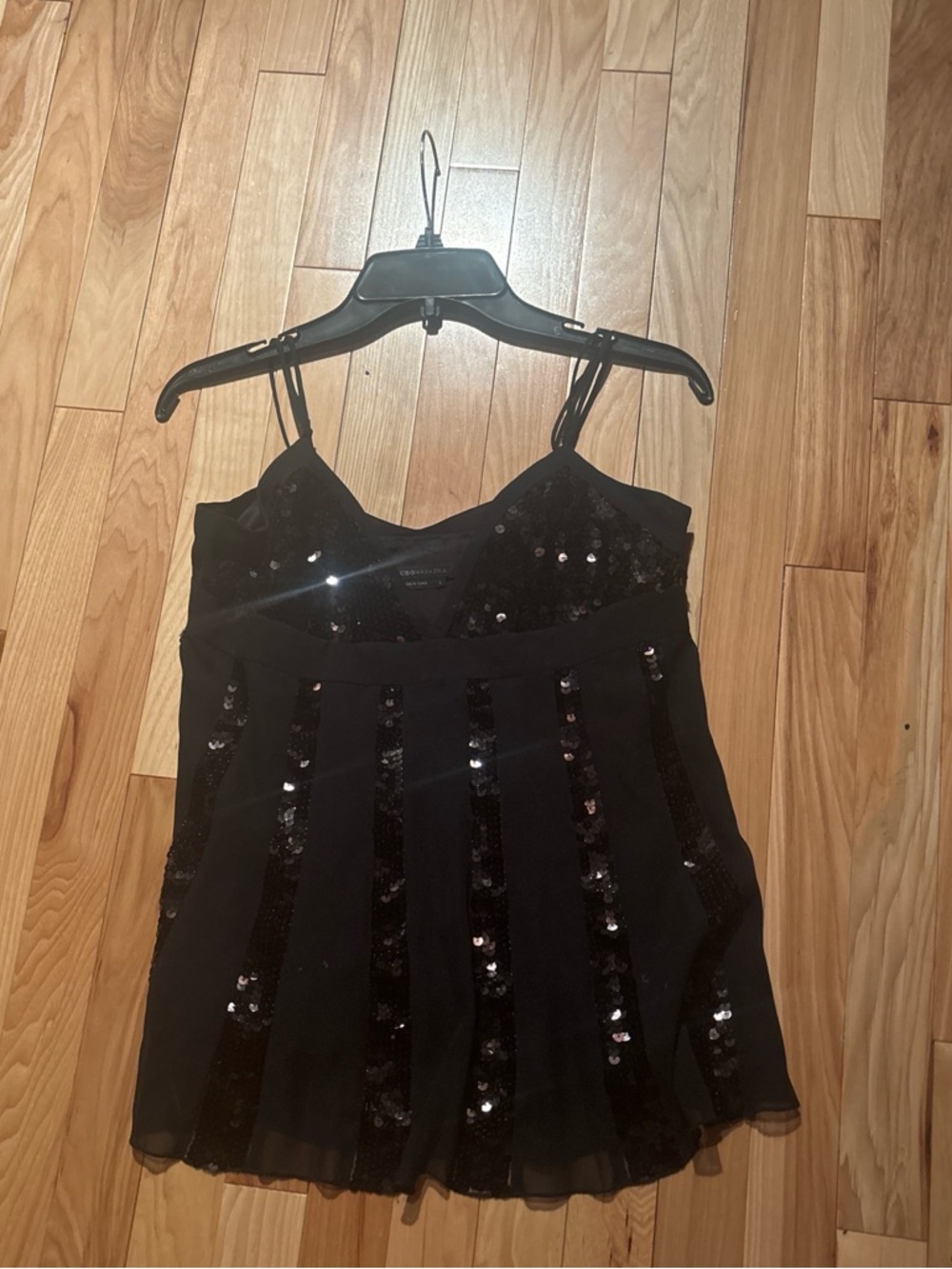 BCBGMaxAzria Black Sequin Spaghetti Strap Tank Top